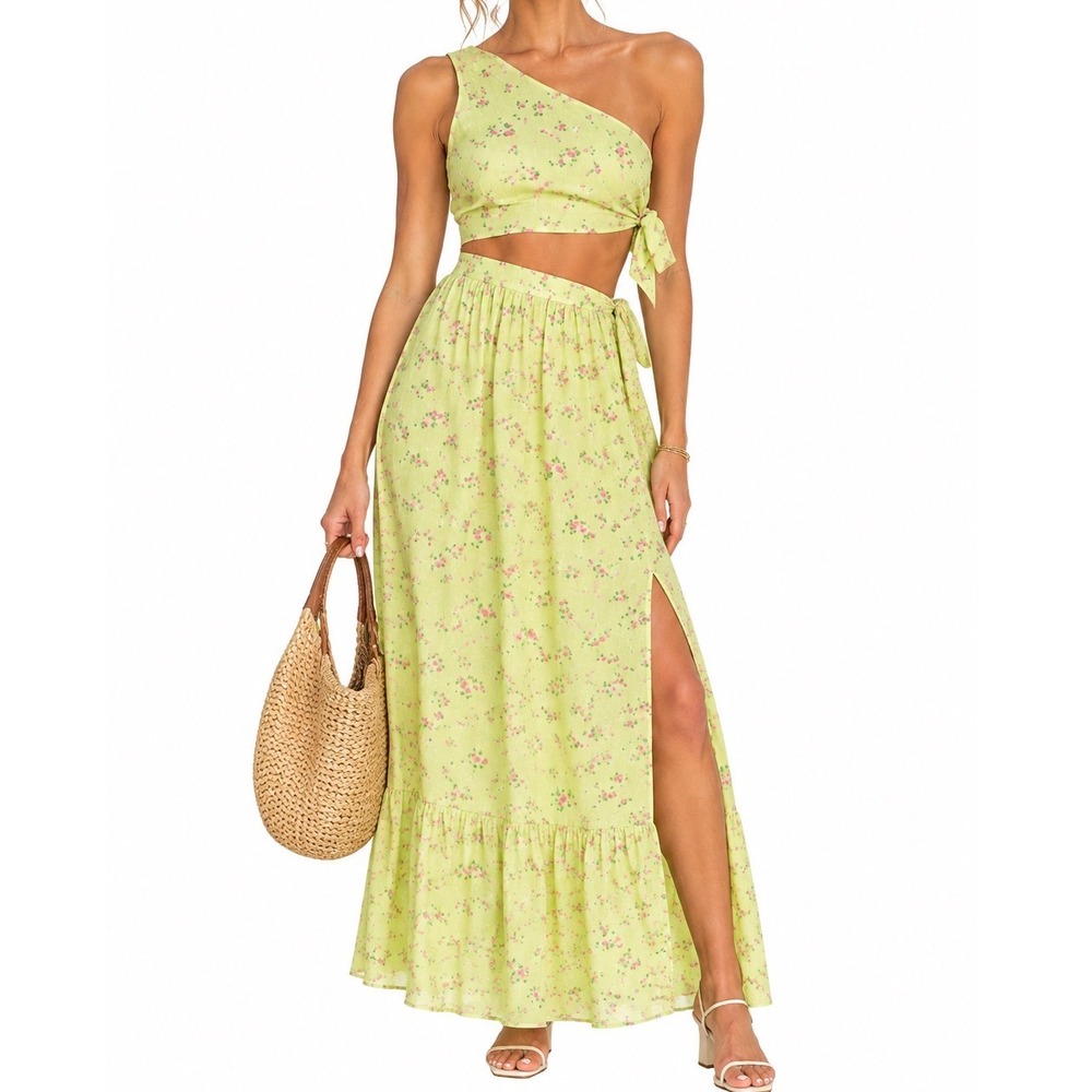 Wayf Darlin Chartreuse Chiffon Cut Out Tie Scarf Maxi Dress Womens XL L NWT $148